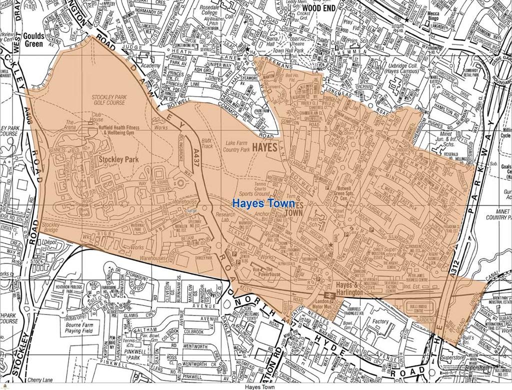 d) Wards South of the Uxbridge Road and GWR Rail Line: PROPOSED NAME: HAYES TOWN MEMBERS TO BE ELECTED: 3 ELECTORATE AT 2024: 13,065 MADE UP OF EXISTING POLLING DISTRICTS: HB1 (5,193), HB2 (part,