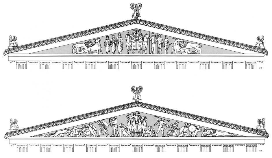 East (front) Akroteria: a regular gable ornament in temples West (back) Pediments of the archaic Alkmaionid temple, c. 510 BC, pediment ht 2.