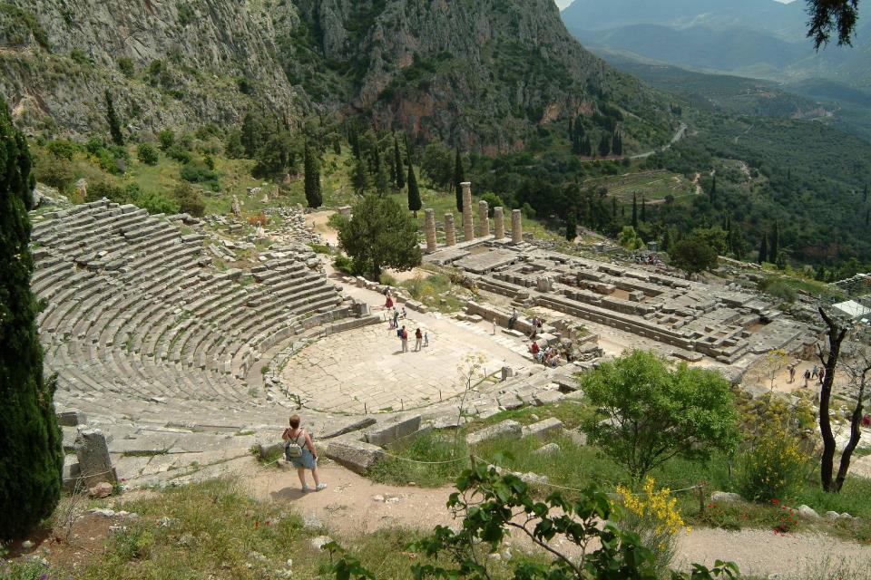 Photo: Brian Donovan 2004 The theatre at Delphi, above the temple (remodelled by the Romans).