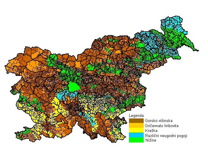Slika 11: OMD v Sloveniji razvrščena po naseljih Kmetije, ki so se nahajajo znotraj hribovskega območja, kjer so izredno težki pogoji, t.j. strmi nagibi, so uvrščene v posebno kategorijo t.i. strmih kmetij.