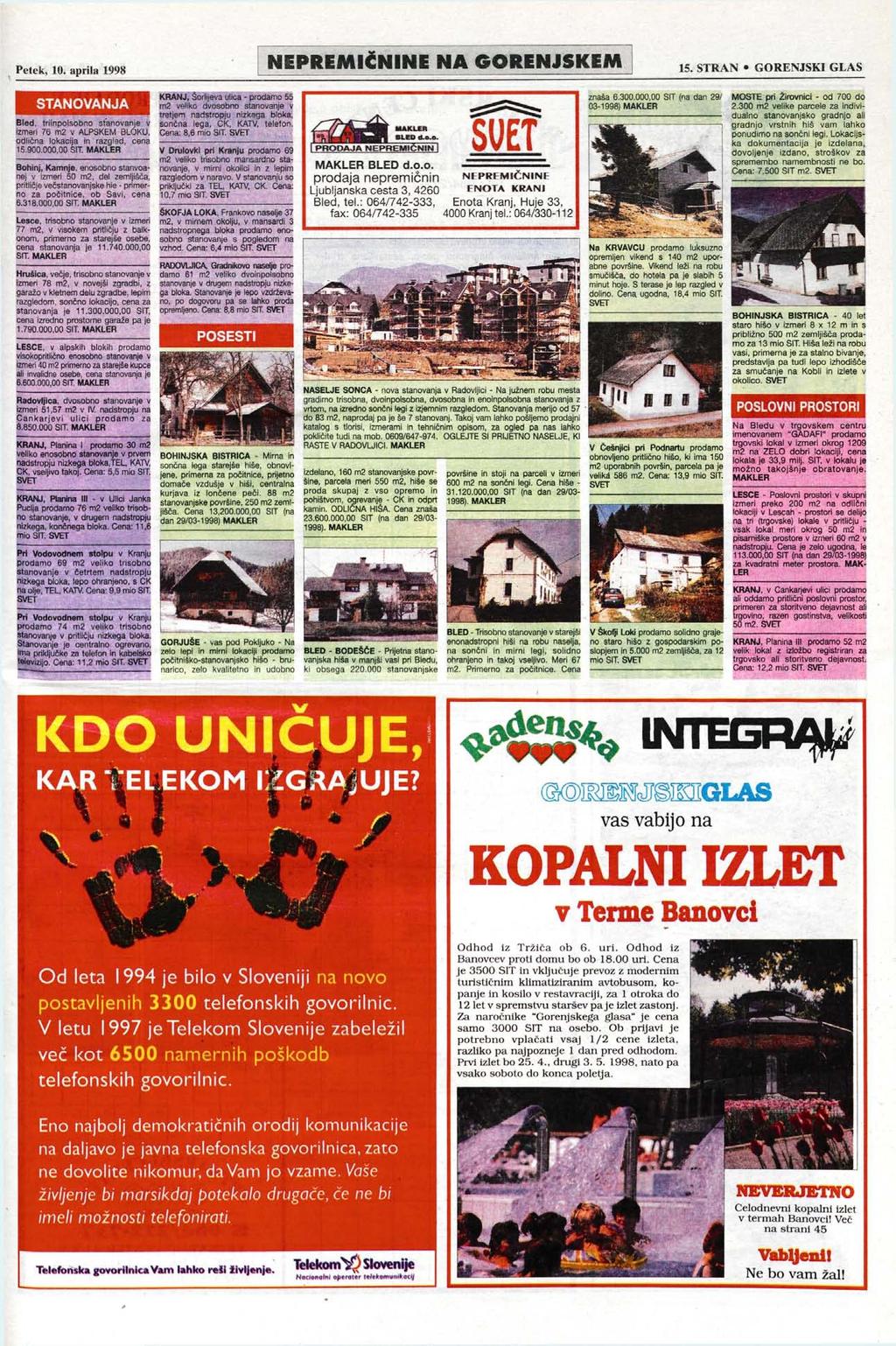 Petek, 10. aprila 1998 KRANJ, Šortijeva ulica - prodamo 55 STANOVANJA m2 veliko dvosobno stanovanje v tretjem nadstropju nizkega bloka, Bled, triinpolsobno stanovanje v sončna lega, CK, KATV, telefon.