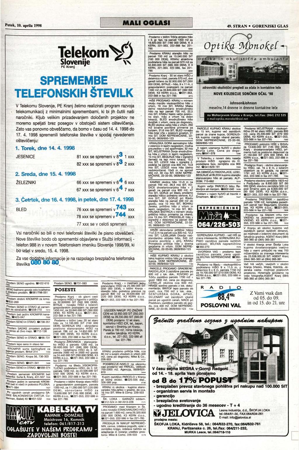 Telekom V3 Slovenije Slovenije # PE Kranj w Prodamo v bližini Tržiča atrijsko hišo v 3. gr. fazi, na parceli 1300 m2 za 16.920.000 SIT (180 000 DEM).