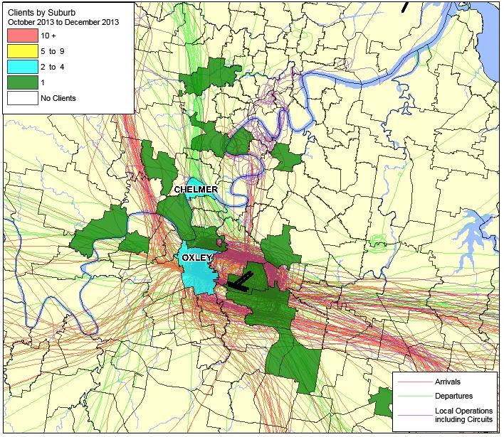 Figure 22: Client density by suburb with an overlay of tracks from 1 December to 3 December 2013 at Archerfield The key point shown in Figure 22 is: The main issue for complainants living near