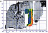 ) Istraživanje metodom geoelektričnog otpora (Geoscan RM15) dalo je rezultate koji omogućuju detaljnu analizu antičkog kompleksa (slika A).