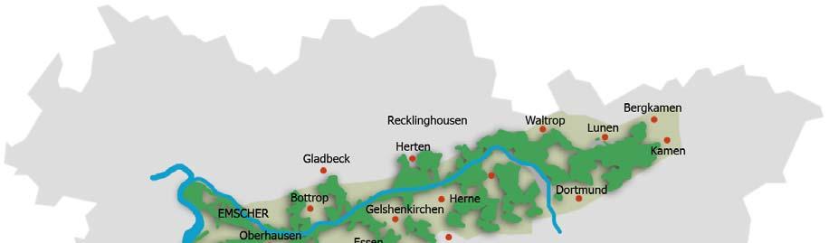 51 Slika 43: Shema regije Severna Rhine-Westphalia oziroma regija Ruhrgebiet s prikazom območja v projektu IBA (shema: Miha Košir) IBA se je osredotočila na območje reke Emsher, približno 350