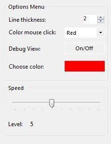 Programski paket PixelByPixel Slika 5.10. Paleta Options Debljina linije omogućava izbor debljine linije za prikazivanje na panelu za vizualizaciju. Boja piksela.