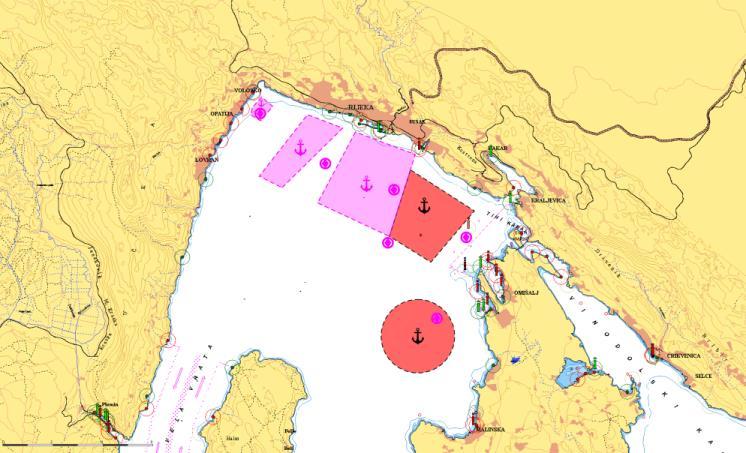 istočno i zapadno sidrište za trgovačke brodove područja luke Rijeka kako su označena na priloženoj slici i službenim pomorskim kartama, sidrište za tankere omeđeno geografskim točkama: A. 45º17.