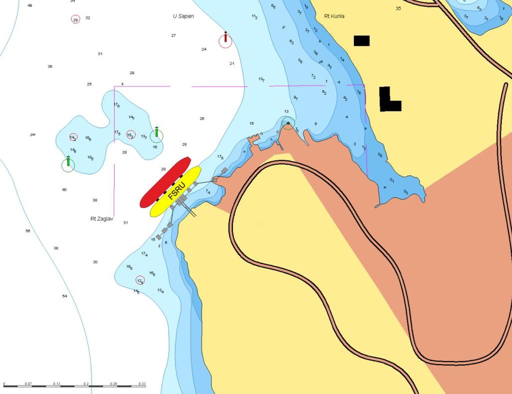 Slika 49 LNG brod (crveno) privezan lijevim bokom na FSRU terminal (žuto) te prikaz pličine neposredno ispred pristana Temeljem navedenog, preporuča se da privez FSRU-a bude lijevim bokom.