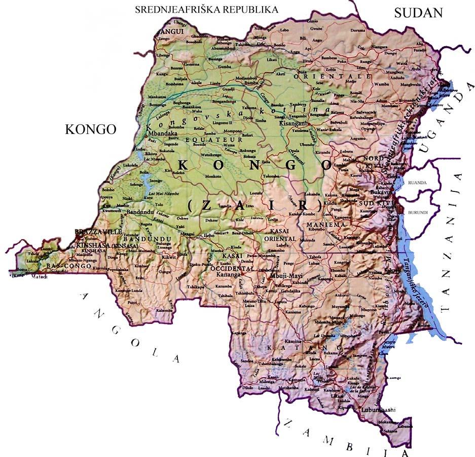 Slika 3.1.1: Fizična karta DR Konga Vir: prirejeno po: Žnideršič 2001: 81.