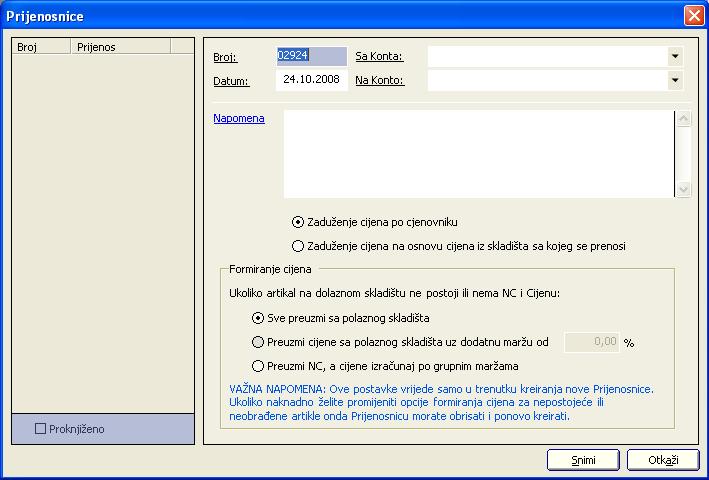 Proizvodnja Slika 6.71. Unos podataka u zaglavlje prijenosnice Odabirom opcije Novi locirane u gornjem desnom uglu prozora prikazanog na slici 6.70.