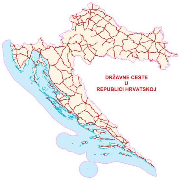 3. DRŽAVNE CESTE U RH Duljina mreže državnih cesta u Republici Hrvatskoj iznosi 6.858,9 km 2, a one su prikazane na slici 4. Državnim cestama u našoj državi upravljaju Hrvatske ceste d.o.o. One su odgovorne za upravljanje, izgradnju te održavanje državnih cesta.