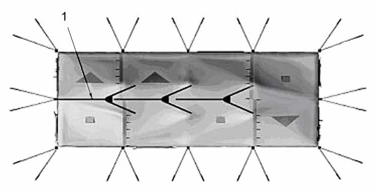 2. Locate y poles (1). Identify the peak fittings (2) which are metal tubes attached to flat metal plates located on the inside of the roof fabric.