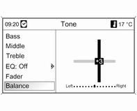 Infotainment sistem 129 Podešavanje raspodele jačine zvuka između desno - levo Optimizacija tona za muzički stil Izabrati Balance (Balans). Podesiti željenu vrednost.