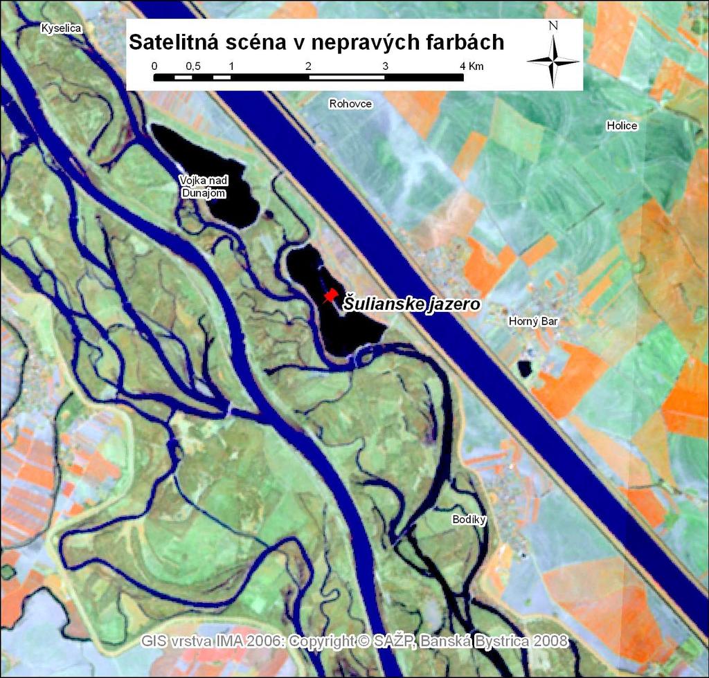 Mapa 4: Satelitná snímka vody určenej na kúpanie v nepravých farbách