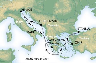 Cruise Journey Time Distance (km) Venice Bari Bari Katakolon 17 h 30 min 780 17 h 500 Katakolon Izmir 19 h 30 min 450 Source: