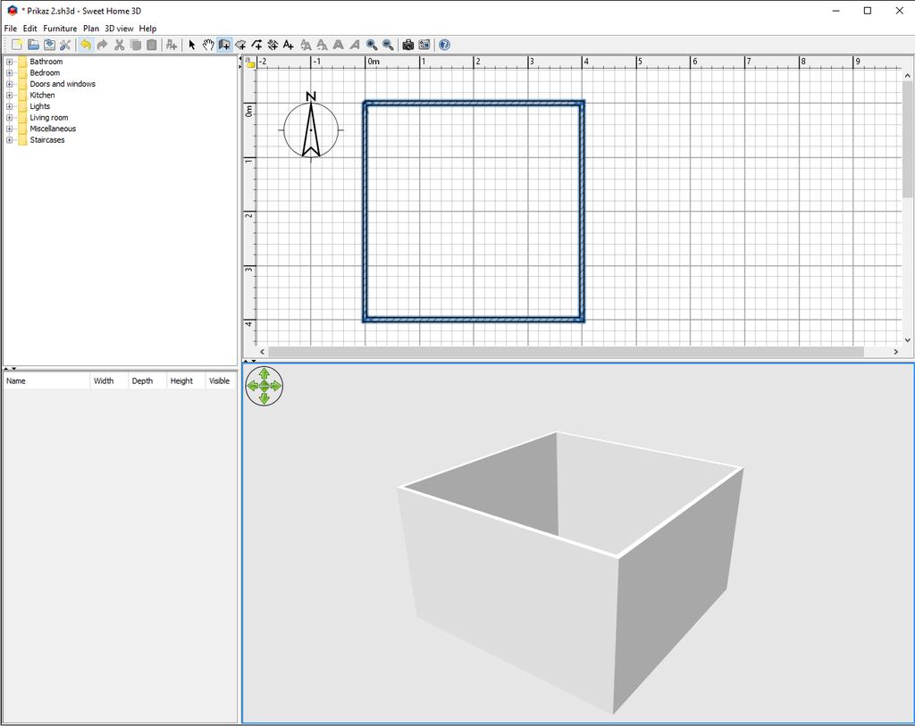 3.2.3. Kreiranje zidova Prvi korak u dizajniranju interijera jest stvaranje tlocrta prostora. Potrebno je u području za kreiranje 2D prikaza kreirati zidove odgovarajućih dimenzija.