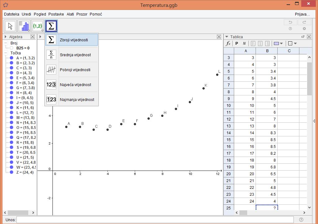 Slika 4.8.4. Vježba 8. Analiza podataka Ako pak želite statističku obradu, postupak je sljedeći: 1.