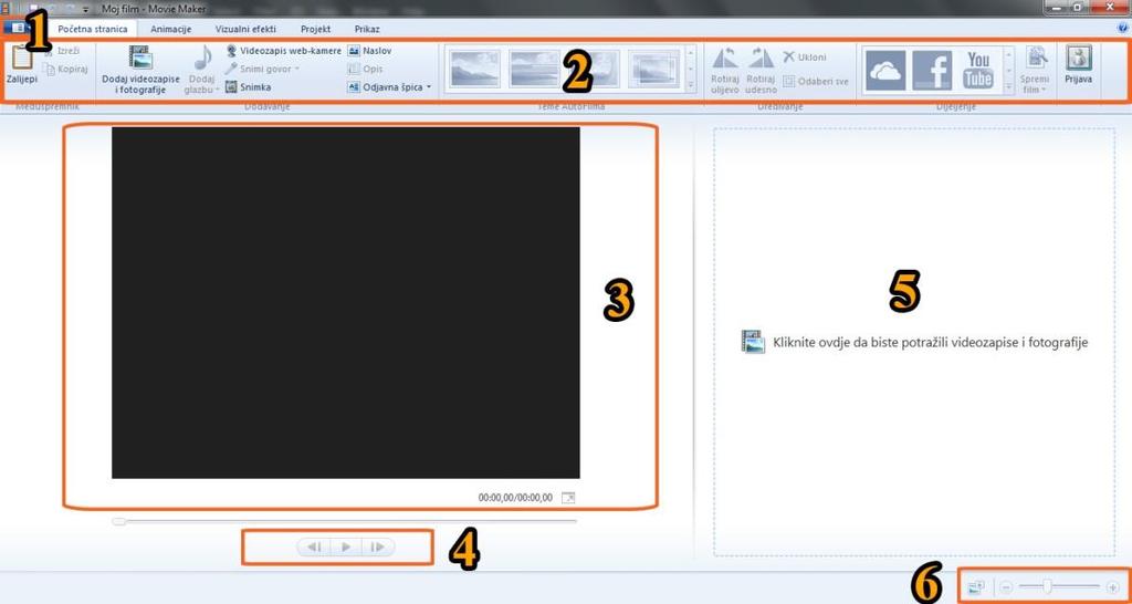2.4.2. Windows Live Movie Maker korisničko sučelje Nakon pokretanja programa otvara se početni prozor: Slika 2.4.2. Korisničko sučelje Sučelje programa Windows Live Movie Maker slično je sučelju programa iz paketa Microsoft Office 2010.