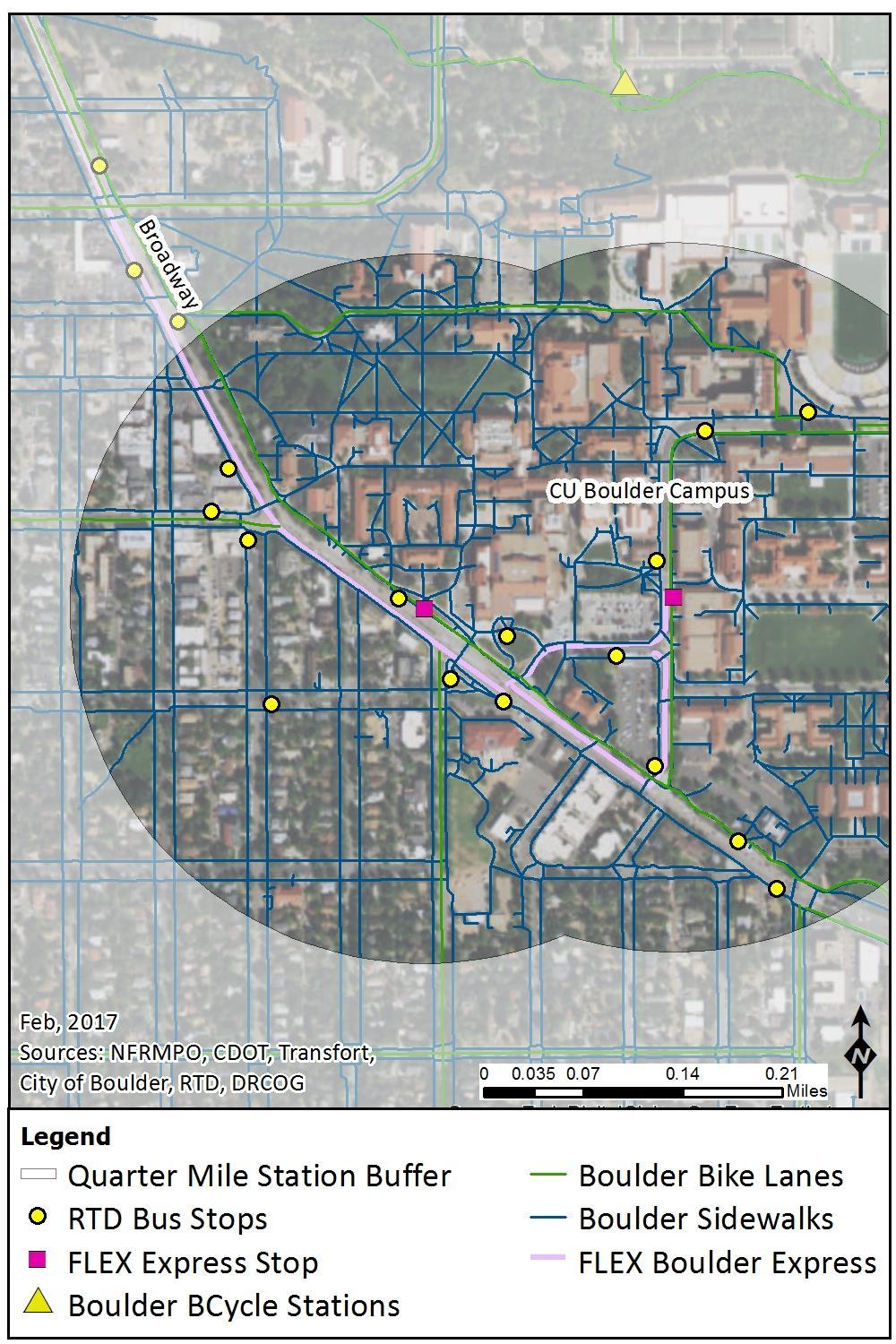 Sidewalks in adjoining neighborhoods and within the CU Boulder campus are dense as shown in Figure 3-23.