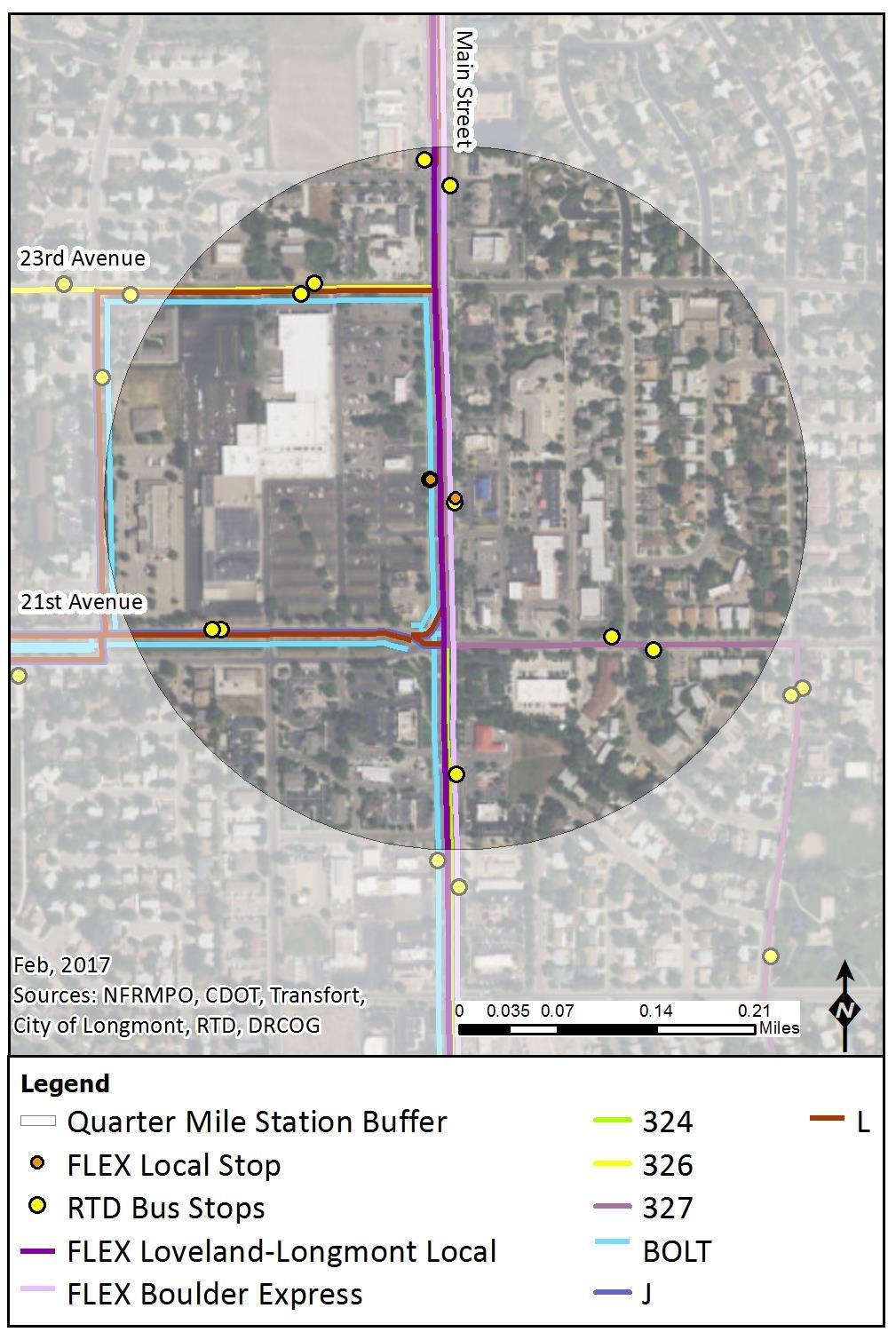 Main Street and 21 st Street (NB and SB) Located on the north side of Longmont, the Main Street and 21 st Street stop pair provides access to a variety of RTD routes as shown in Figure 3-45.