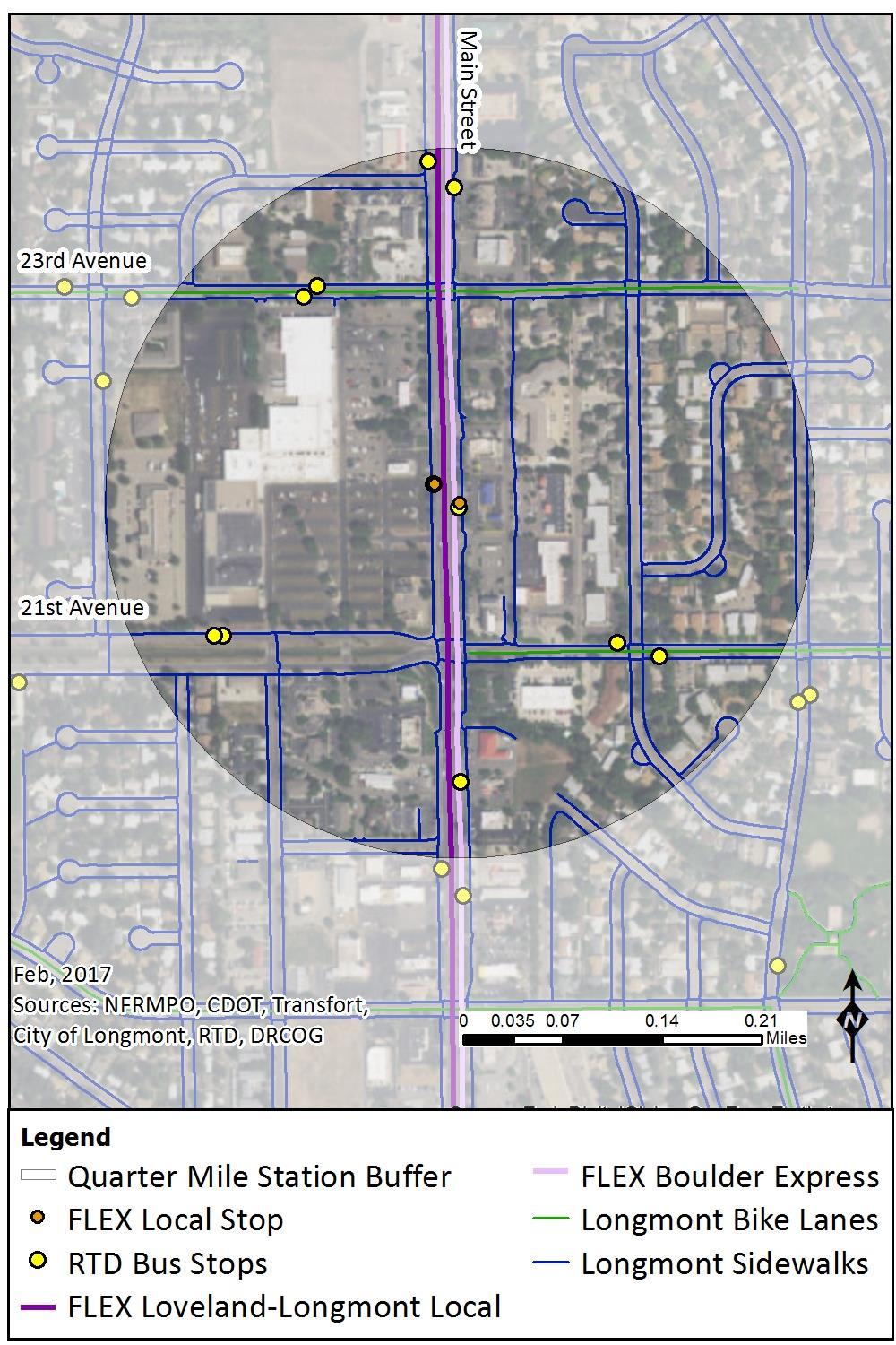 Figure 3-46 shows the network of sidewalks and bicycle lanes making up the non-motorized network near the Main Street and 21 st Street stop pair in Longmont.
