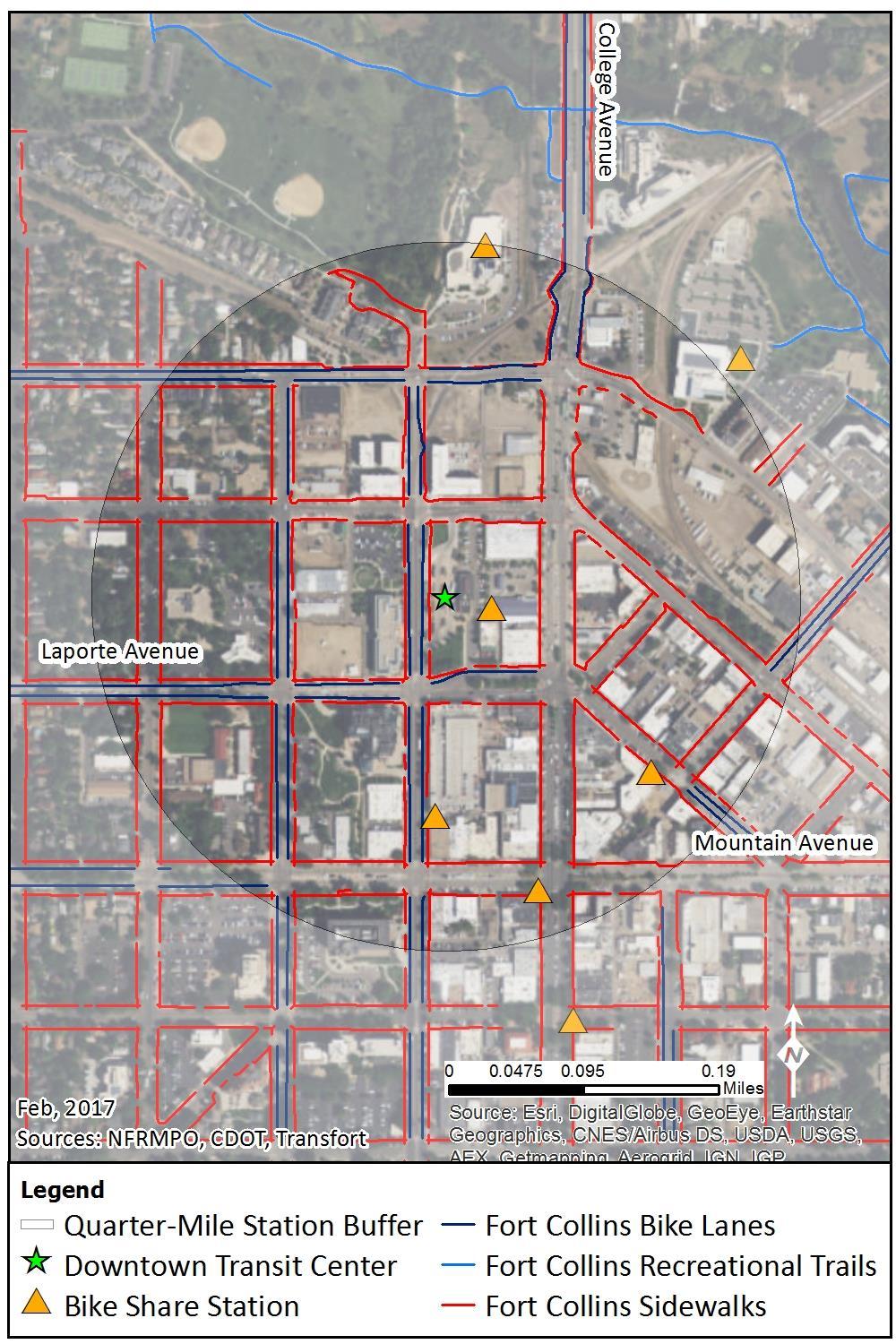 Figure 3-5 shows the density of sidewalks, bicycle sharing stations, and bicycle infrastructure available to users of the DTC. Sidewalks are provided on all major and side streets.