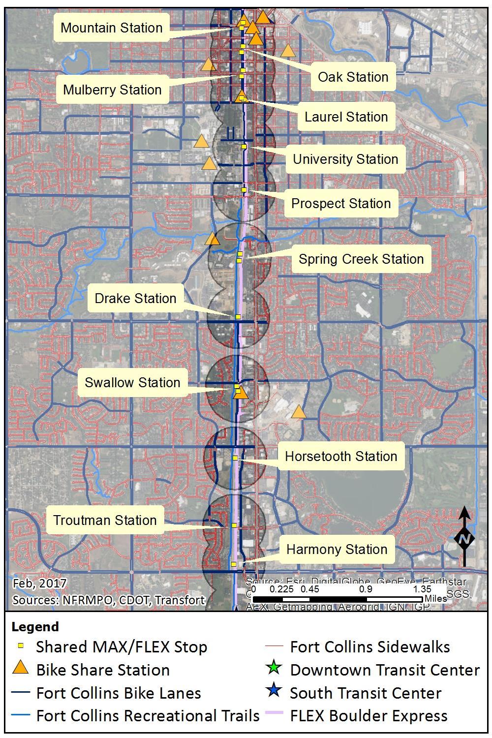 Figure 3-7 illustrates the non-motorized infrastructure in the City of Fort Collins and within the quarter-mile radius of each MAX station.
