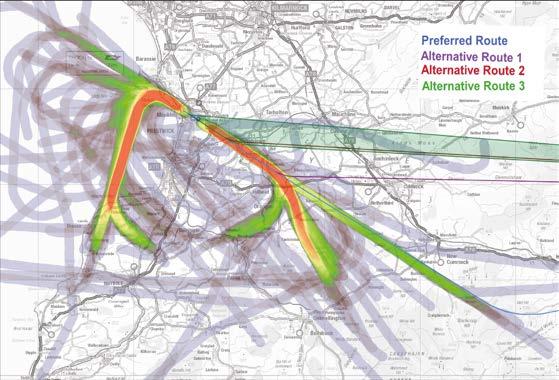 Map The diagram below shows the preferred and alternative routes over a population density map.