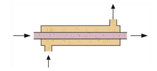Kod ovih izmjenjivača, dvije struje fluida su paralelne, ali suprotnog smjera; jedan fluid protječe kroz unutrašnju cijev, a drugi kroz anularni prostor.