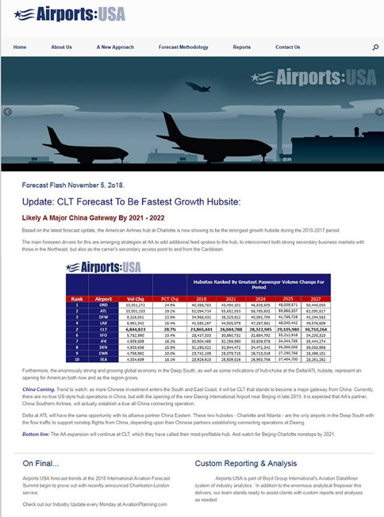 More Information? Log On! AirportsUSA.com The new portal to a world of forecast data & predictive analysis. New perspectives & clear, futurist concepts. Now on-line, www.airportsusa.
