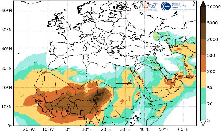 1.2.3 Surface Dust Concentration Figure 4b shows low surface dust concentrations ranging between (5 to 50µg/m 3 ) over parts of Algeria, Libya, Egypt, Sudan, Ethiopia, South Sudan and CAR.