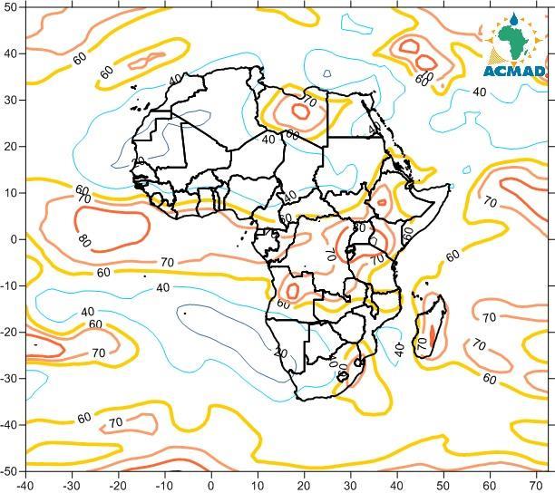 1.2.5 Relative Humidity (RH) at 850 hpa The 850hPa level (Figure 6a) had high RH value ( 60%) during the first dekad of December, 2015, over most of Libya, Gulf of Guinea countries, Central Africa
