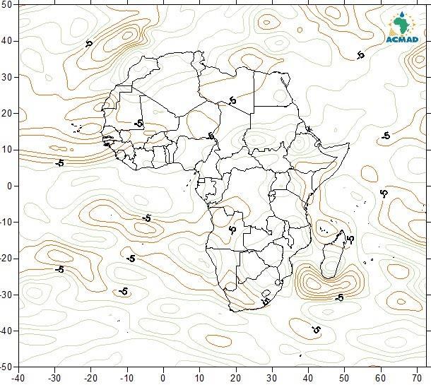 The RH anomalies for the third dekad of May, 2015 compared to the reference period 2002-2011 (Figure 6b), were positive over most of the continent except over southern Morocco, Mauritania, Mali,