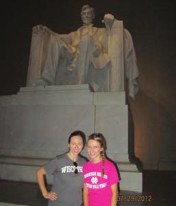 Sarah and Laura stand next to the carving of Lincoln in the Lincoln Memorial. can still walk around the White House. But don t be alarmed by the sight of armed military personnel on the rooftop.