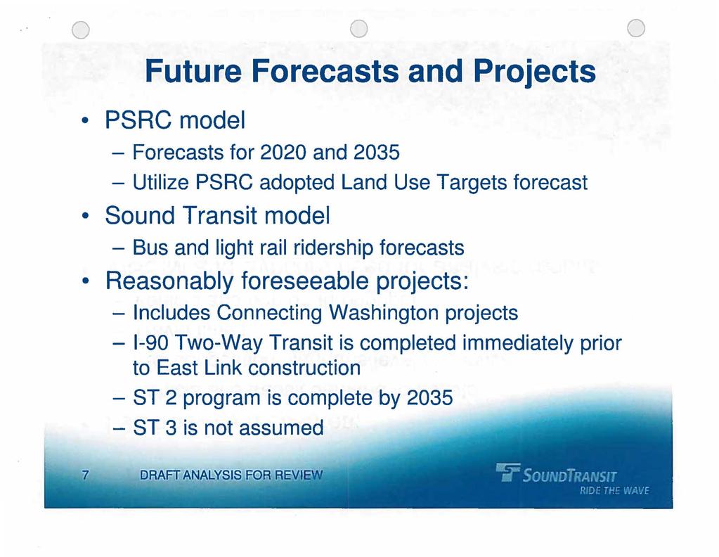 Future Forecasts and Projects PSRC model - Forecasts for 22 and 235 - Utilize PSRC adopted Land Use Targets forecast Sound Transit model - Bus and light rail ridership forecasts Reasonably