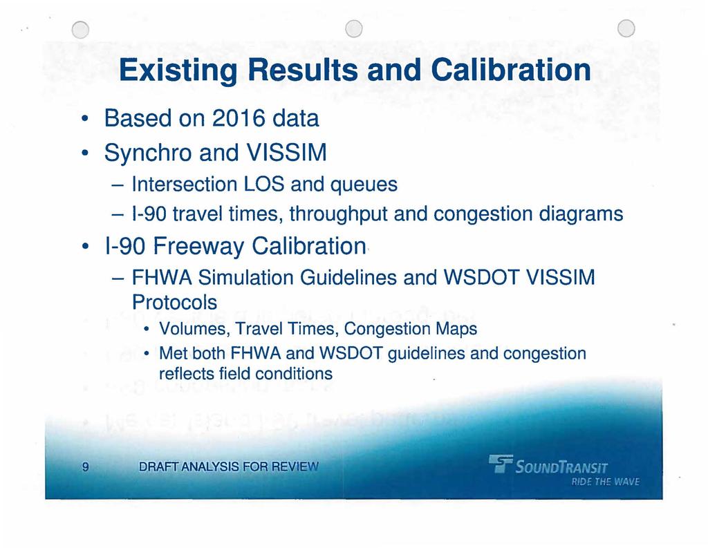 Existing Results and Calibration Based on 216 data Synchro and VISSIM - Intersection LOS and queues - 1-9 travel times, throughput and congestion diagrams 1-9 Freeway