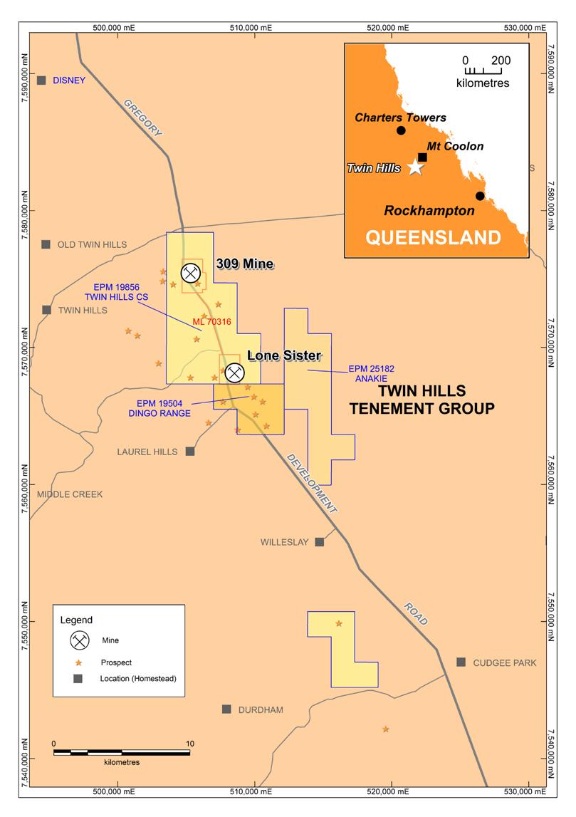 Geology Figure 2: Twin Hills prospect and tenement location plan The Twin Hills Project consists of the 309 and Lone Sister mineralised deposits which are interpreted to be structurally controlled
