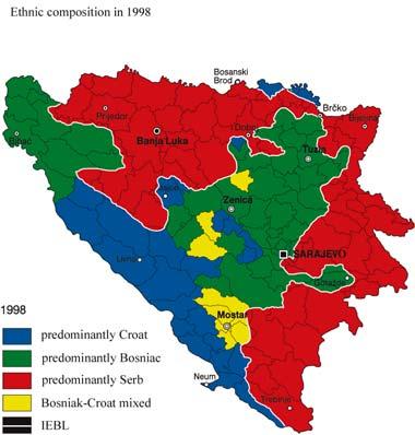 National Composition of Bosnia and Herzegovina in 1991 and 1998 This map demonstrates how the outcome of the Bosnian war was successful ethnic cleansing in 1990s Europe: green colour describes the