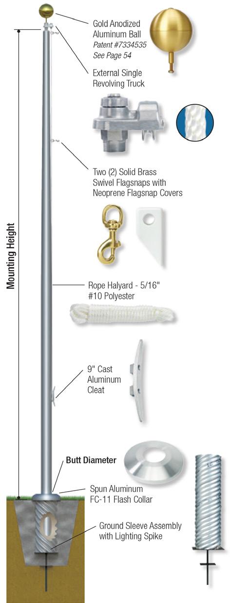 In-Ground Commercial Flagpoles Executive Continental External Halyard Single Revolving Truck Heavy-duty aluminum flagpoles in 20 to 80 with the highest quality hardware available.