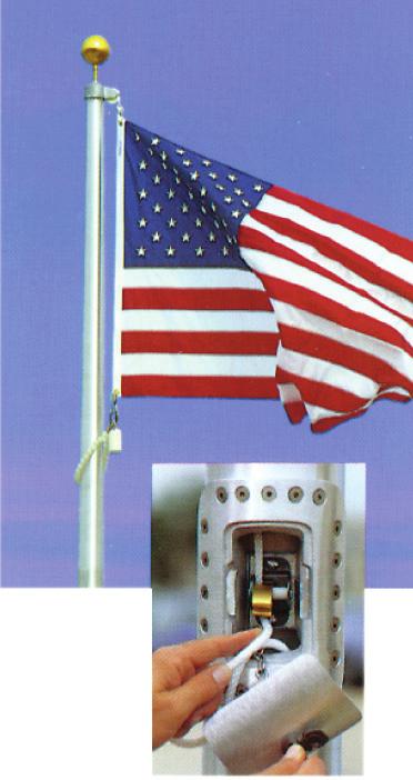 In-Ground Commercial Flagpoles Sentry Series Internal Halyard Single Revolving Truck Cam cleat system with reinforced raised door frame rope halyard offers heights from 20 to 40.
