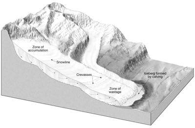 Formation of glaciers Requirements: 1. Cold temperatures 2. Snowfall " Glaciers form in areas where more snow falls in winter than melts during the summer. From Snow to Firn to Ice!