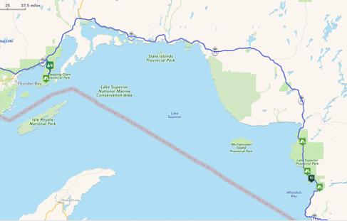 links leg 4 Trans-Canada Highway Thunder Bay 339 miles - This leg will continue traveling north of Lake Superior eventually coming to a western heading then proceeding south
