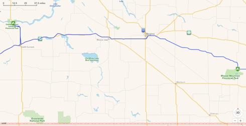 leg 7 Saskatchewan Landing 299 miles - This leg continues west remaining in Saskatchewan.