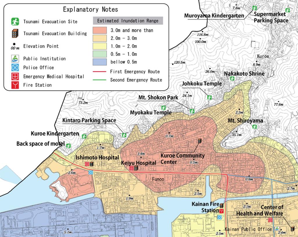 Figure 3. Hazard mapping of Kuroe-Funoo district 2.3. Issues of disaster response Until the beginning of 2010 year, evacuation site against tsunami had been decided on each neighborhood association in Kuroe-Funoo district.