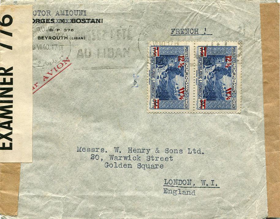 Figure 4.8: Airmail cover from Lebanon postmarked on 6 th June 1940 and flown via the Sahara.