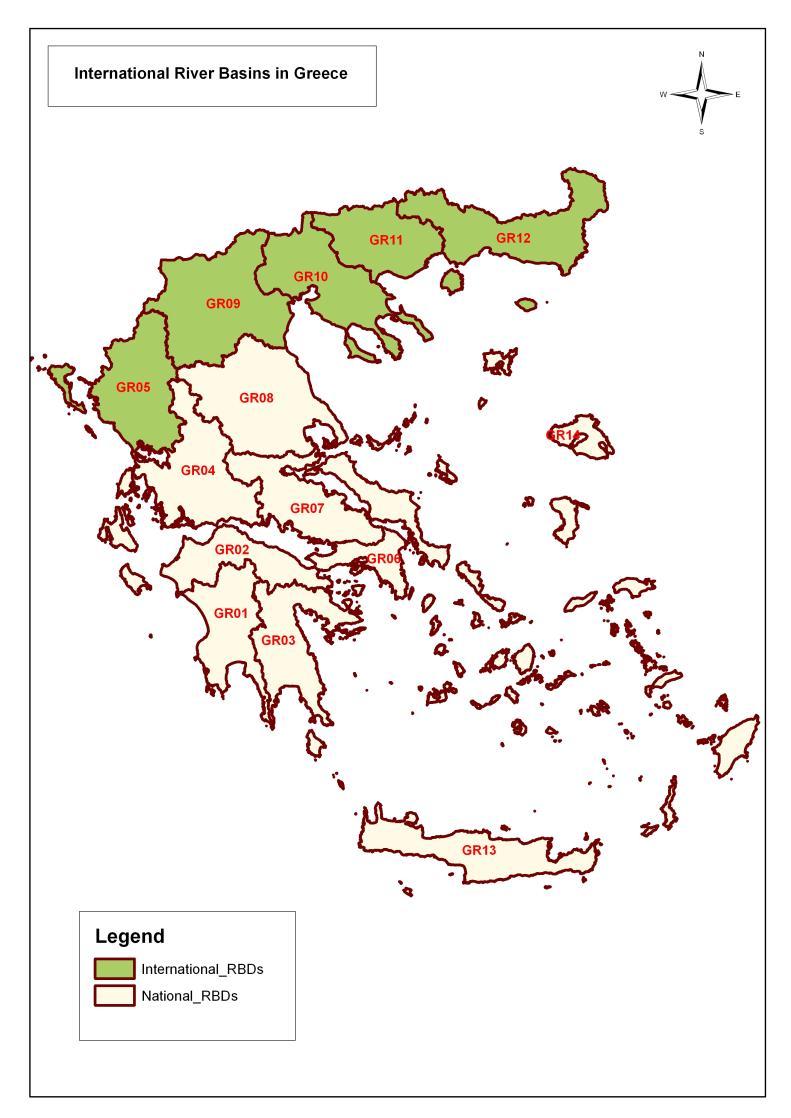 International River Basin Districts and Transboundary River Basins in Greece (1/3) Greek territory is divided into 14 RBDs, 5 of these are