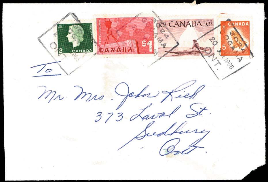 Item #17. 1966 Gogama Ont ties $1 Export plus others on cover (reduced) to Sudbury. Scarce $1 use. $25 Item #18.