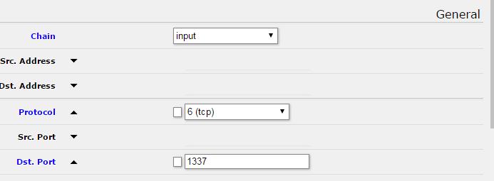 što podrazumijeva obradu podataka koji se šalju na usmjerivač, biramo određeni protokol birajući njegovo ime i broj, te port na koji je predodređeno slanje paketa, u ovom slučaju je to port 1337 [11].