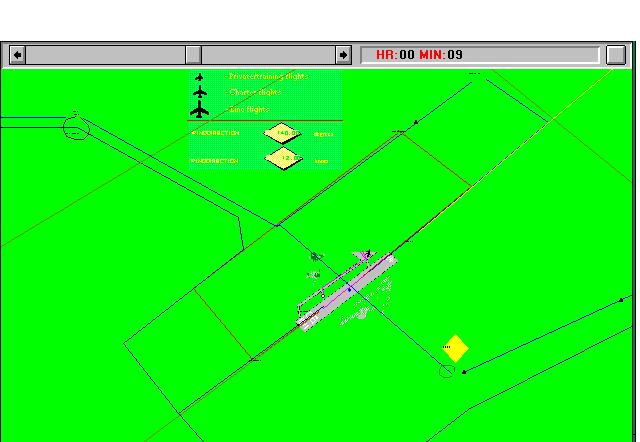 4. The simulation model The figure shows the animation of the airport. The system is bordered at the beginning of the control-zone (so a radius of 10 nautical miles).
