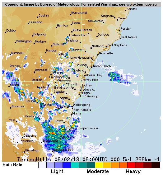 Figure 10 Bureau of Meteorlogy rain radar images for Terry Hills for 0400z, 0500z and 0600z (historical images for Sydney airport were not available).